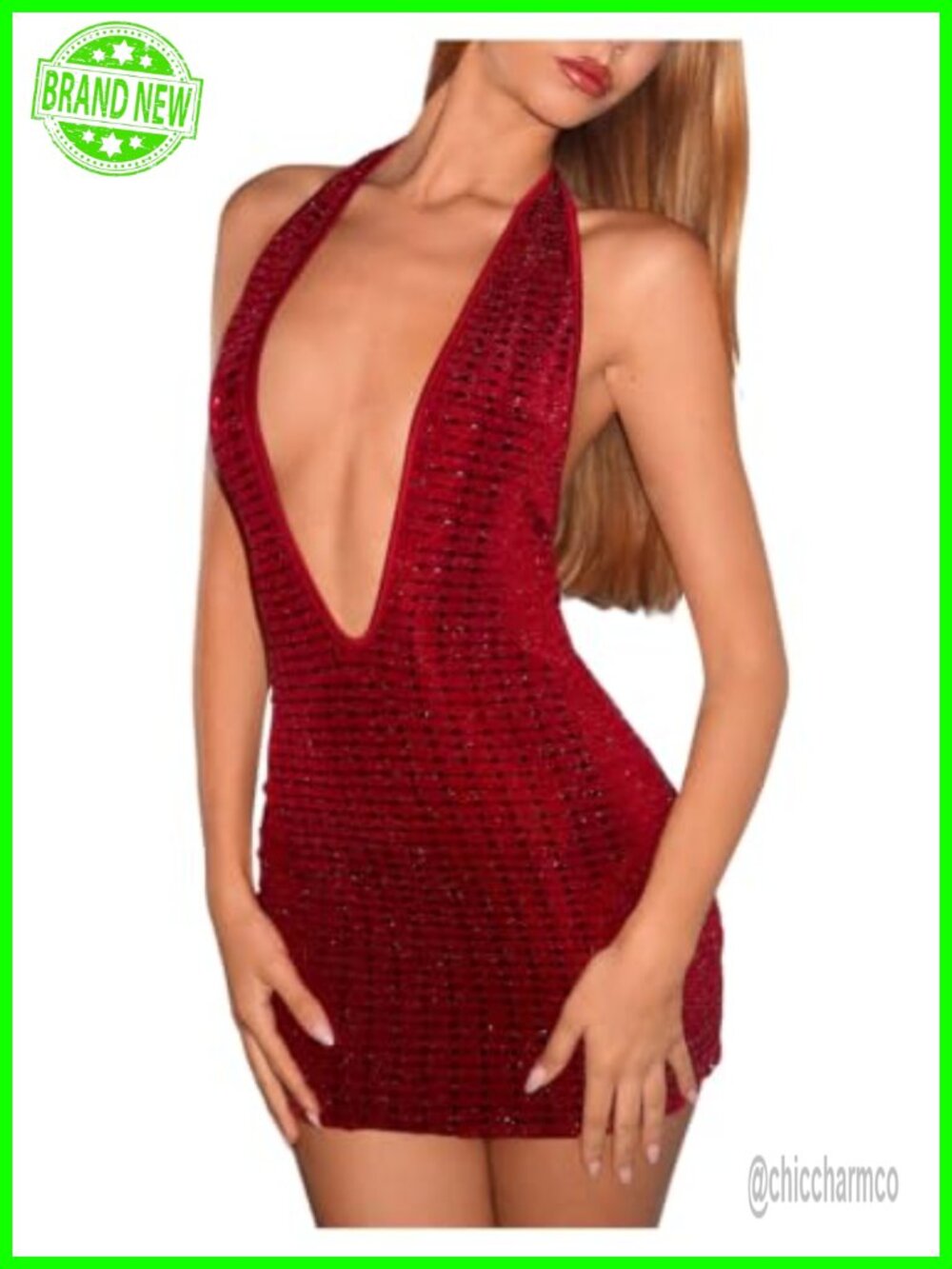 Y2K Sequin Halter Backless Mini Dress Sparkly Club Rave Outfit